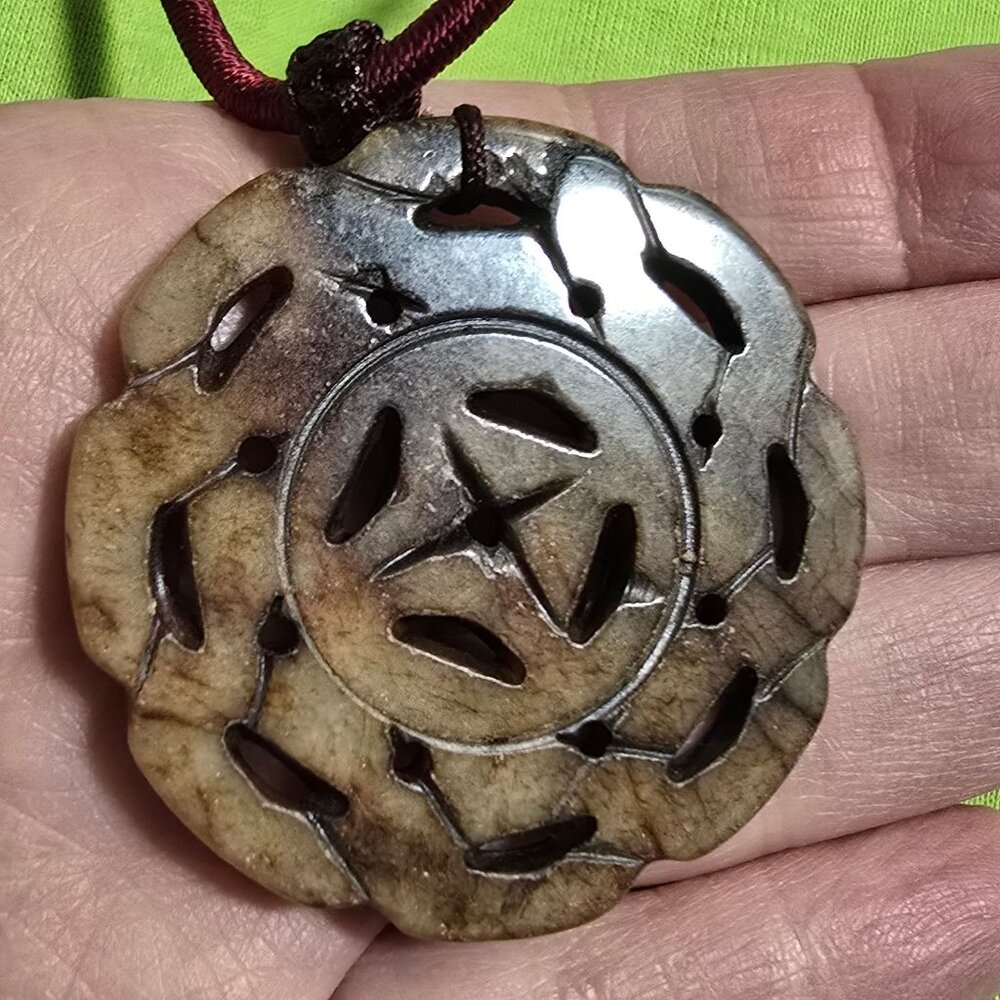 Hand-Carved Floral Jadeite Pendant Necklace With Adjustable Burgundy Cord - Picture 10 of 10